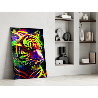 Vibrant neon tiger wall art glowing canvas print