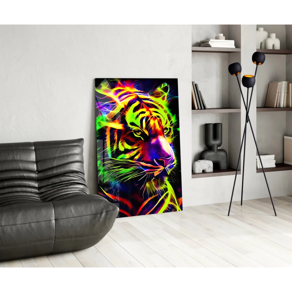 Vibrant neon tiger portrait on glowing canvas wall art print
