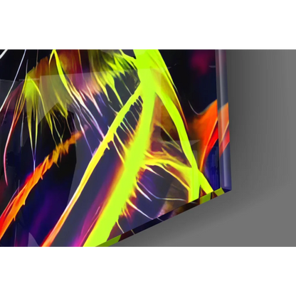 Vibrant neon tiger glass wall art print with yellow, orange, purple streaks