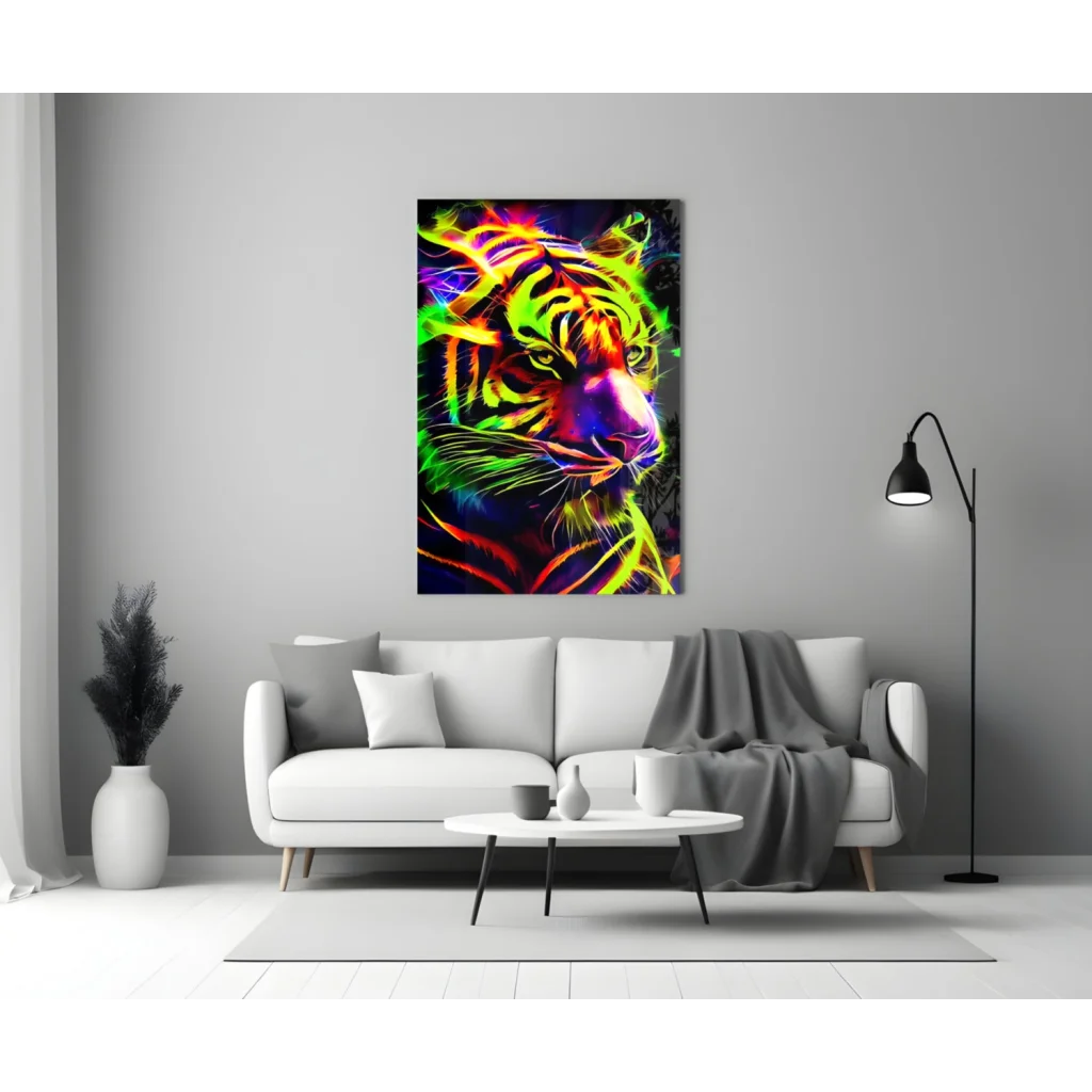 Vibrant neon tiger wall art glowing on canvas in modern living room