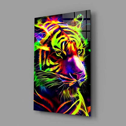 Vibrant neon tiger glowing canvas wall art print in green, yellow, purple