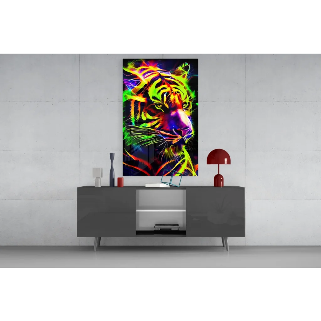 Vibrant neon tiger portrait canvas wall art in glowing green hues