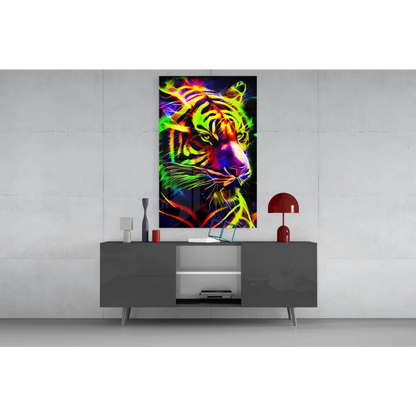 Vibrant neon tiger portrait canvas wall art in glowing green hues