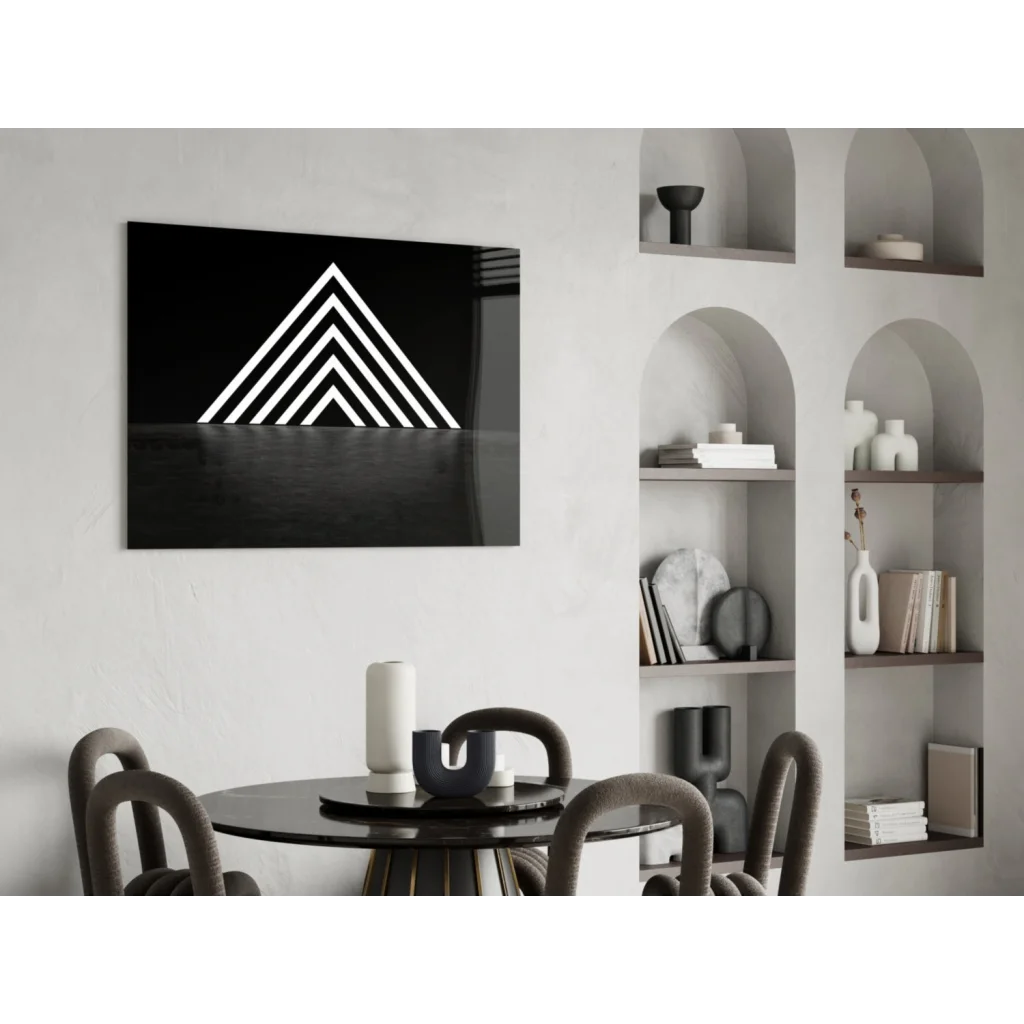 Bold black canvas wall art with striking white geometric triangle design