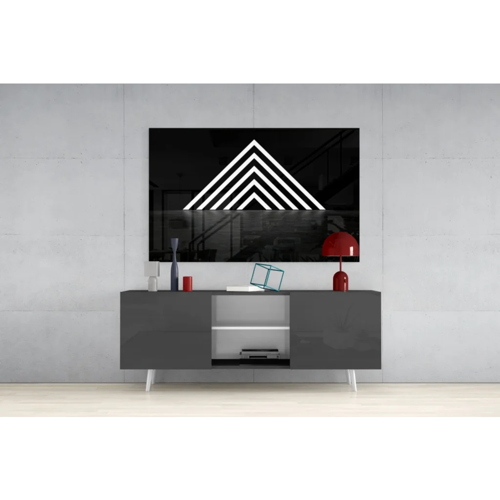 Modern black glossy console table with white legs under Geometric Triangle Wall Art