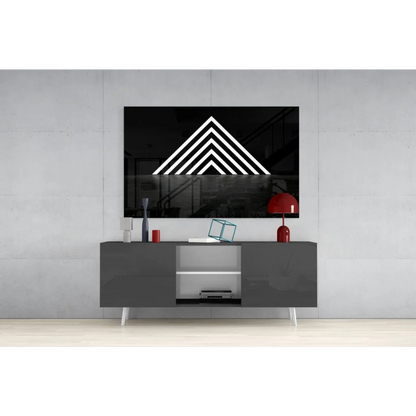 Modern black glossy console table with white legs under Geometric Triangle Wall Art