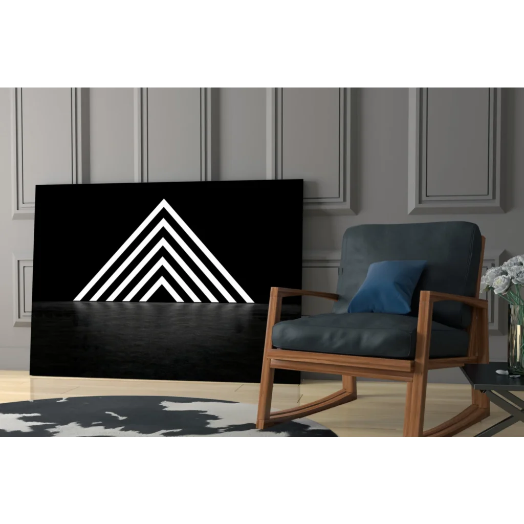 Bold white geometric triangle on black canvas wall art