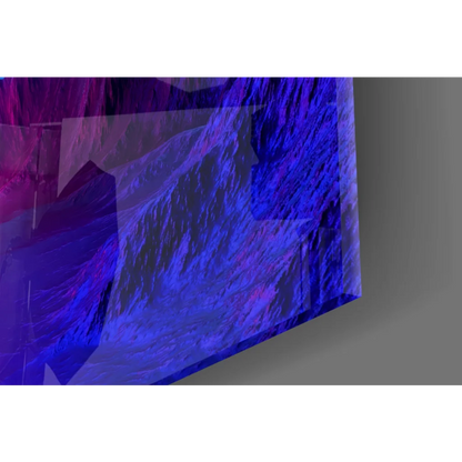 Vibrant neon triangle mountain glass wall art in blues and purples