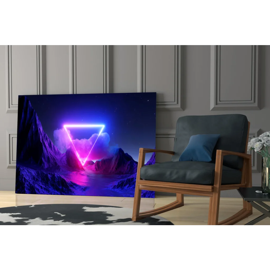 Vibrant neon triangle glass wall art of surreal mountain under starry sky