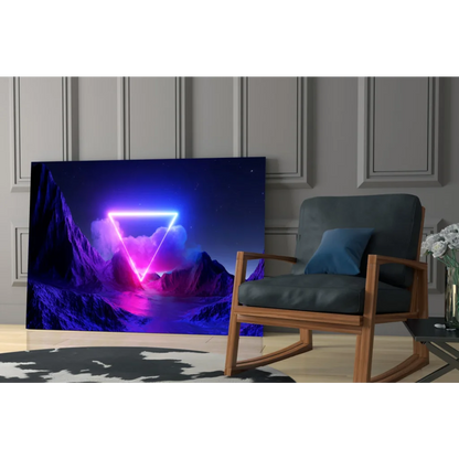 Vibrant neon triangle glass wall art of surreal mountain under starry sky