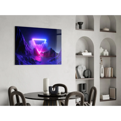 Vibrant pink purple neon triangle glowing over dark mountains in glass wall art