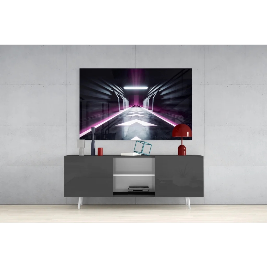 Sleek gray console table with white legs under Neon Tunnel wall art purple glow