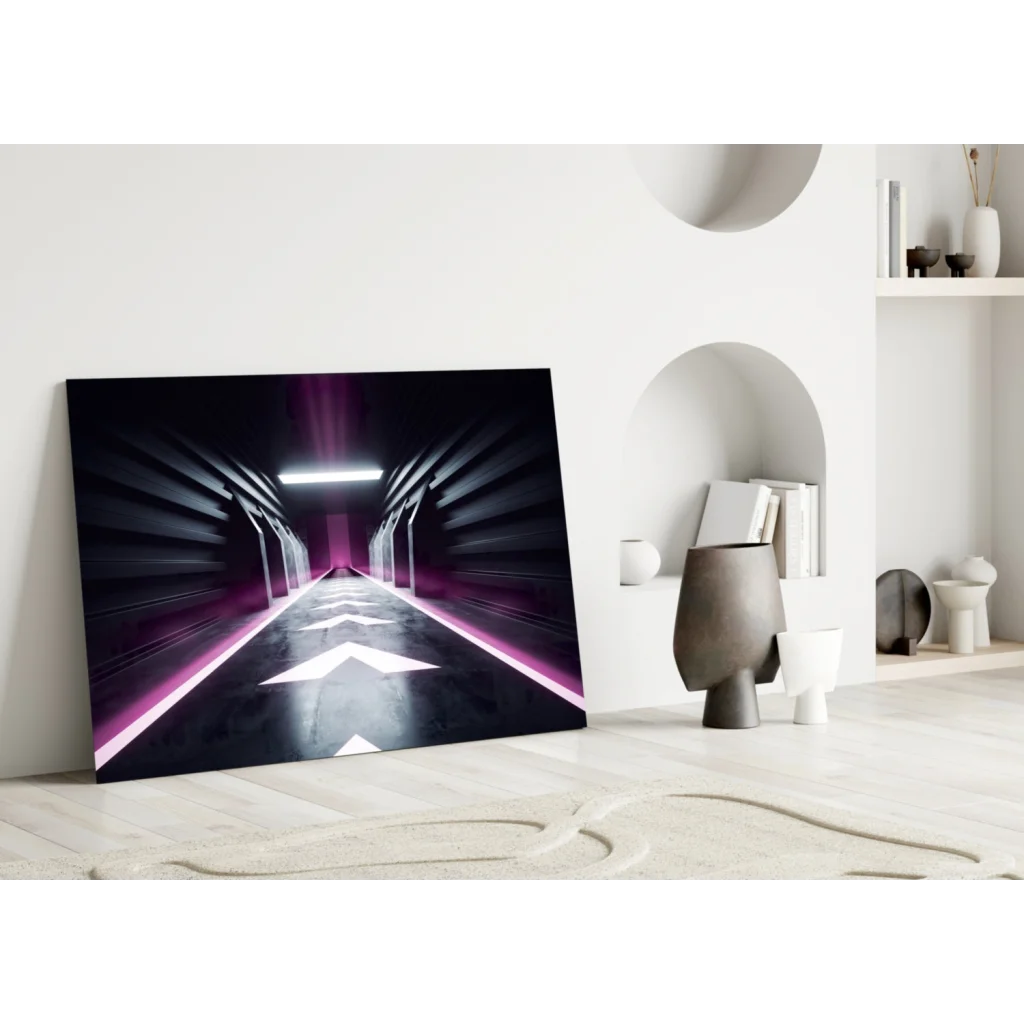 Sleek black neon tunnel wall art canvas with purple glow