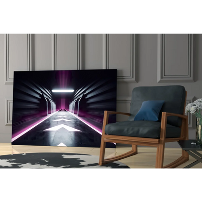 Sleek neon tunnel wall art canvas with purple glow and white arrows