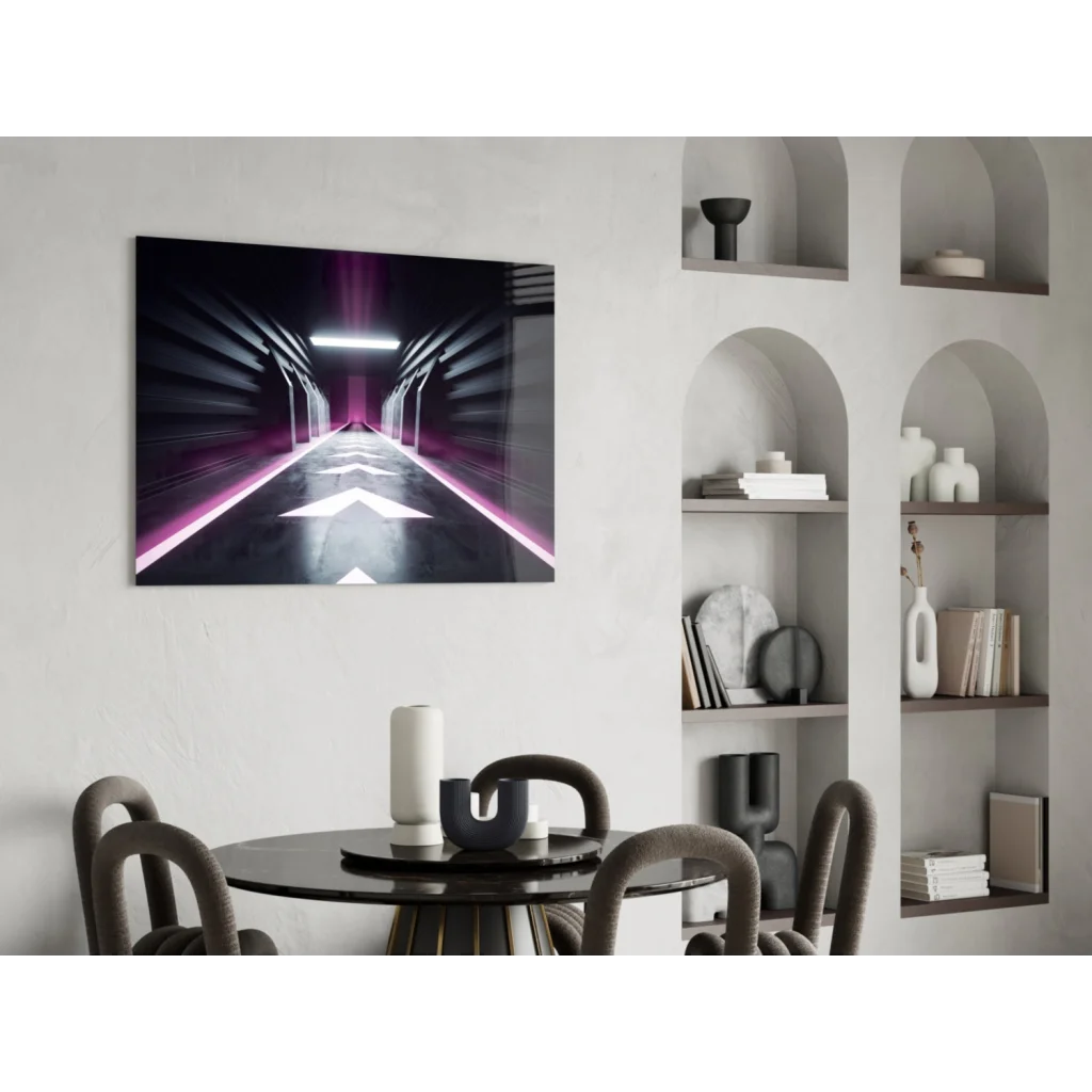 Sleek black and magenta neon-lit tunnel wall art on white wall