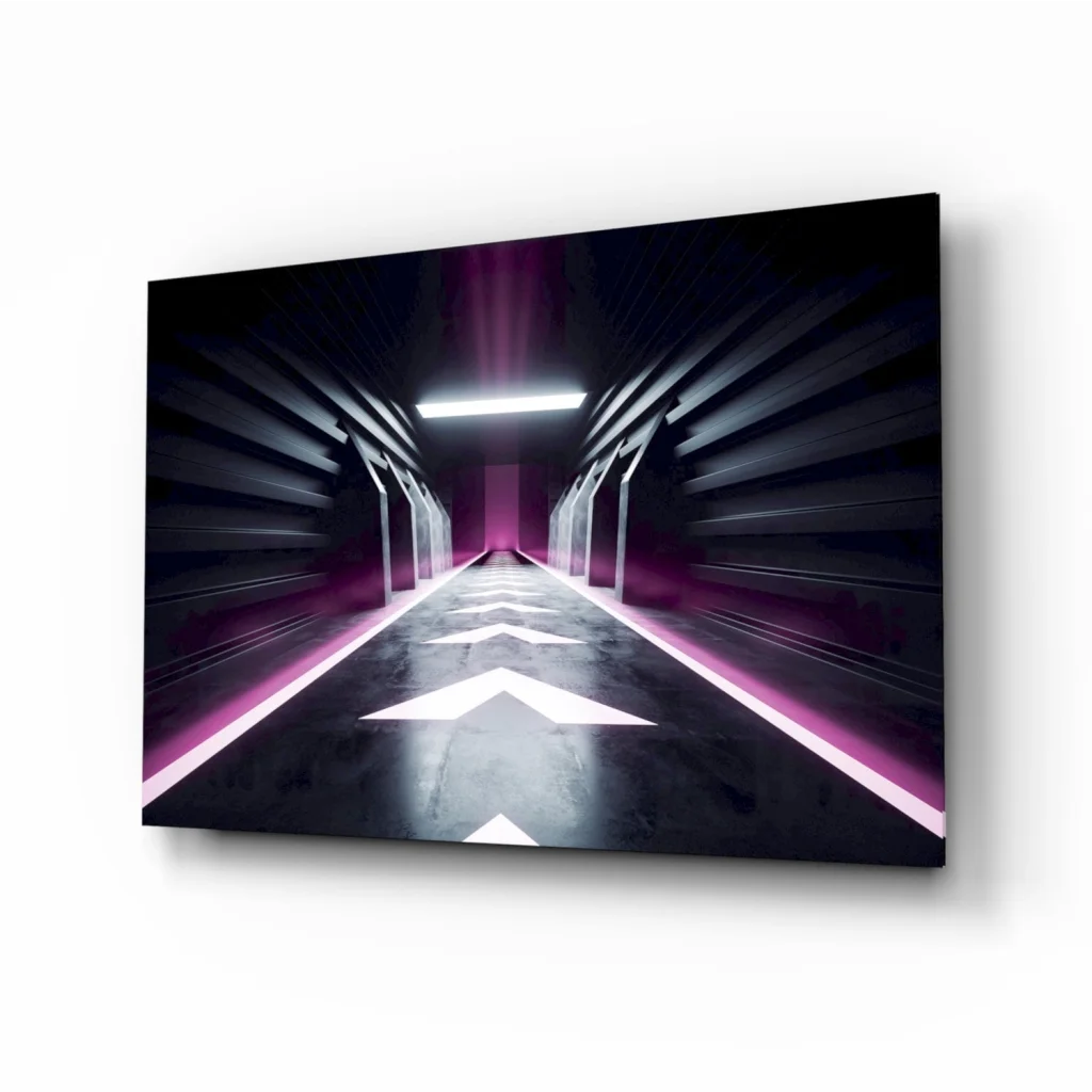 Sleek black canvas wall art of futuristic neon tunnel with purple glow