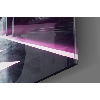 Sleek neon tunnel glass wall art with purple glow abstract design