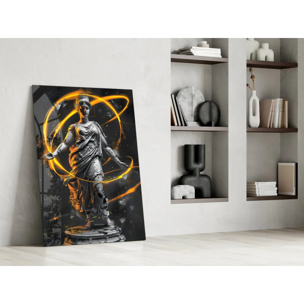 Striking black-and-gold glass wall art print of classical statue in glowing orange rings