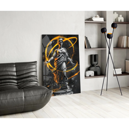 Stunning black-and-gold glass wall art with classical statue and orange energy rings