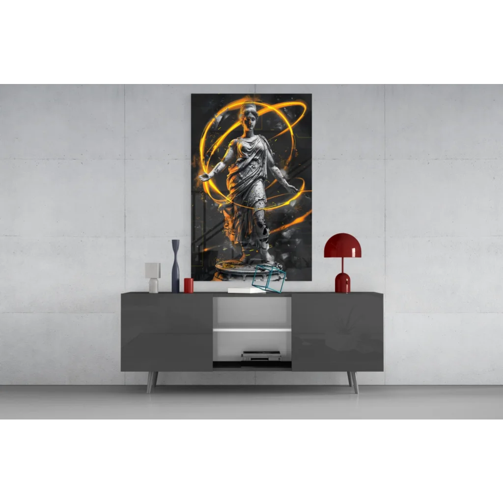 Stunning black-and-gold glass wall art with classical statue and glowing lights