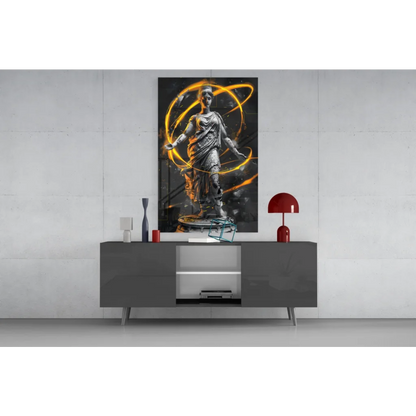 Stunning black-and-gold glass wall art with classical statue and glowing lights