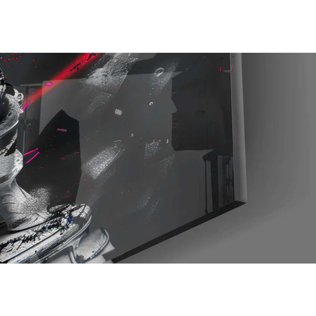 Neon Pink Classical Statue glass wall art with red laser streaks