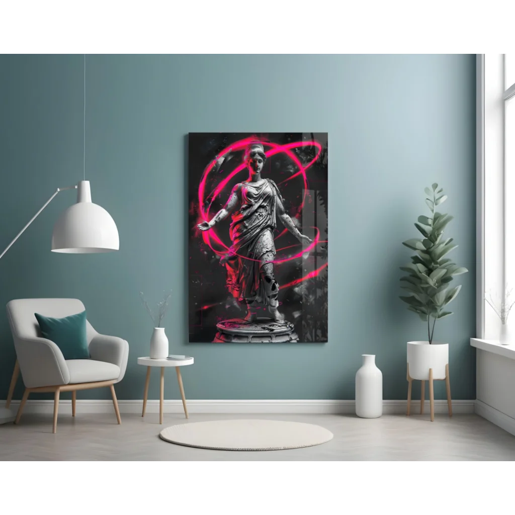 Neon pink classical statue on black-and-white glass wall art canvas print