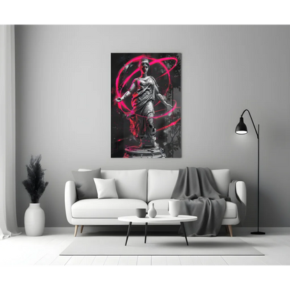 Striking black-and-white classical statue with pink neon swirls on glass wall art canvas