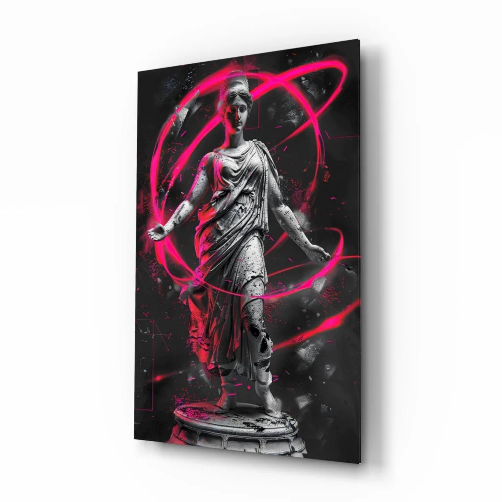 Neon pink accented black-and-white classical statue glass wall art