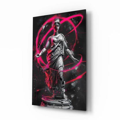 Neon pink accented black-and-white classical statue glass wall art