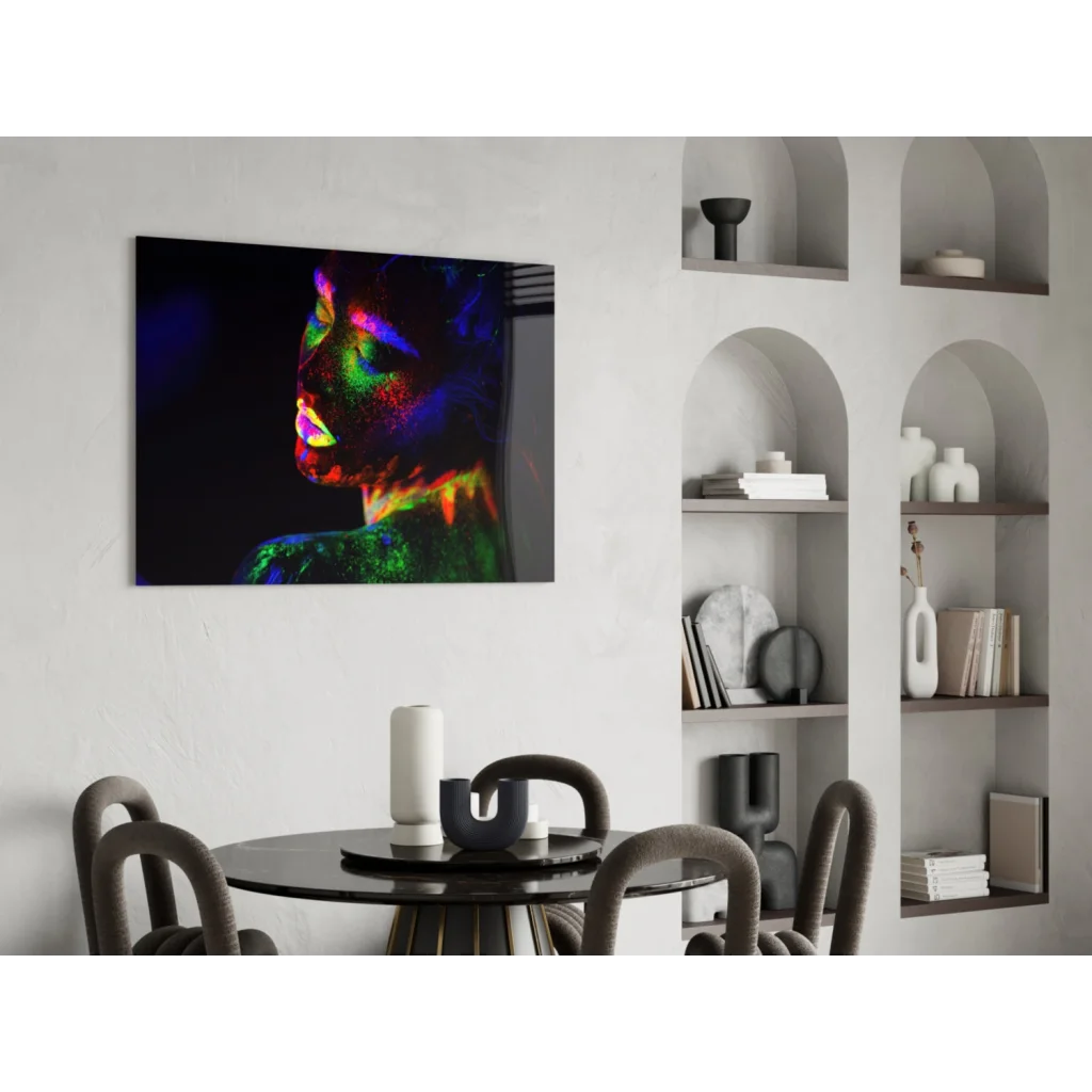 Vibrant neon-lit portrait canvas wall art on minimalist white wall