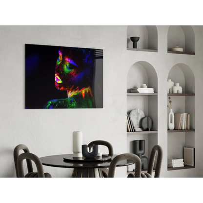 Vibrant neon-lit portrait canvas wall art on minimalist white wall