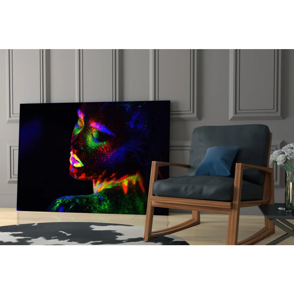 Vibrant neon glow portrait canvas wall art of womans face in green purple orange hues