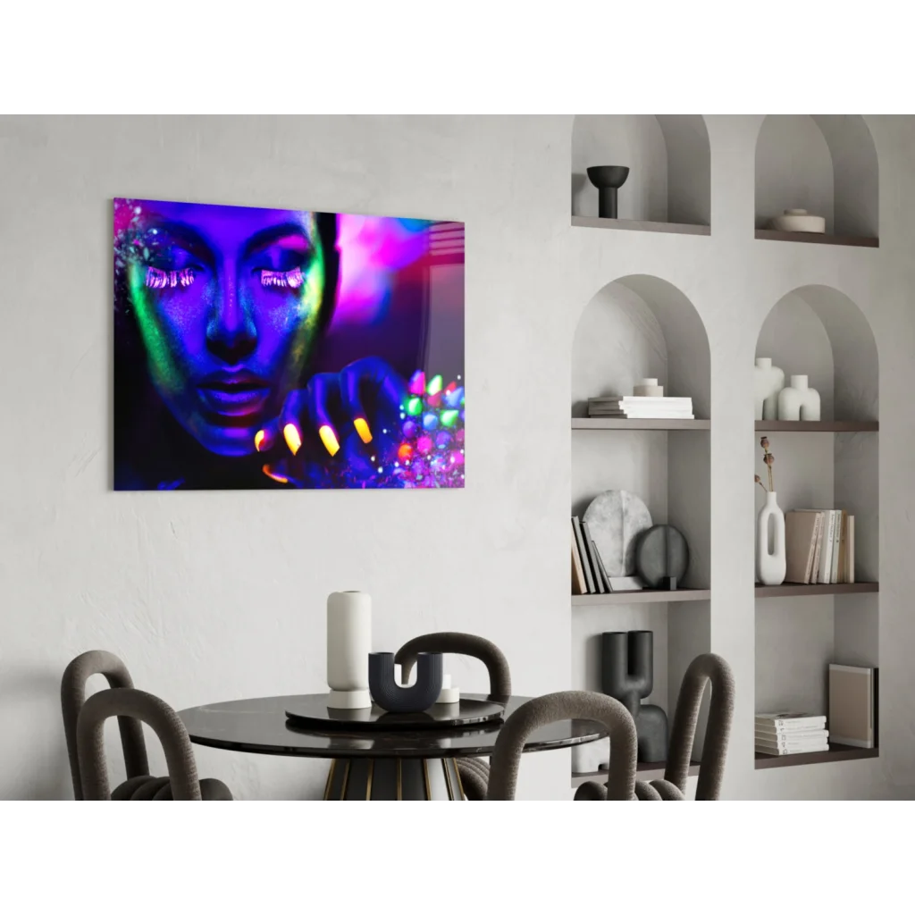 Vibrant neon UV glow portrait canvas wall art of a woman in blue, purple, green hues