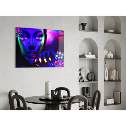 Vibrant neon UV glow portrait canvas wall art of a woman in blue, purple, green hues
