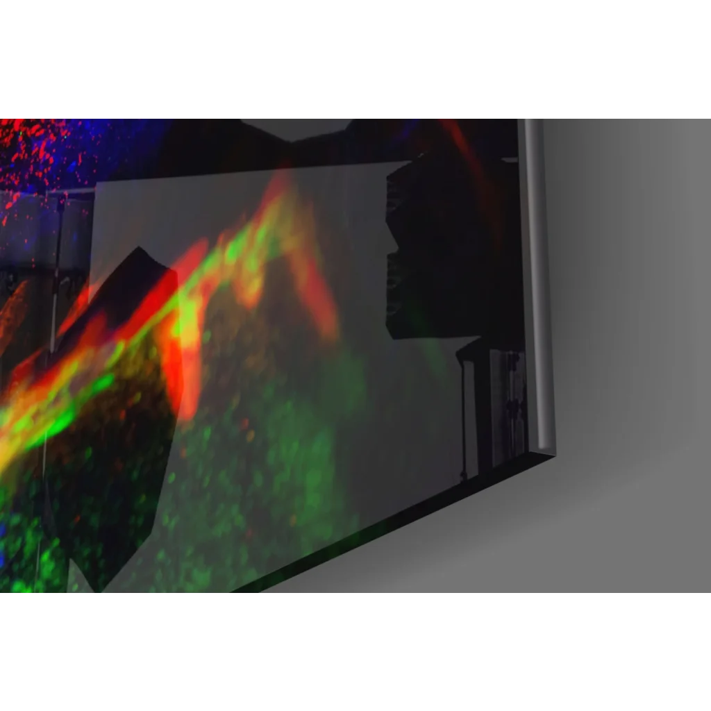 Vibrant neon glow portrait on glass wall art with fiery orange hues