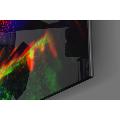 Vibrant neon glow portrait on glass wall art with fiery orange hues