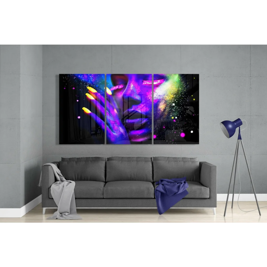 Neon Cosmic Portrait Triptych Canvas Wall Art with Glowing Effects | Modern Wall Art Decor | vintageantiquesgifts.com