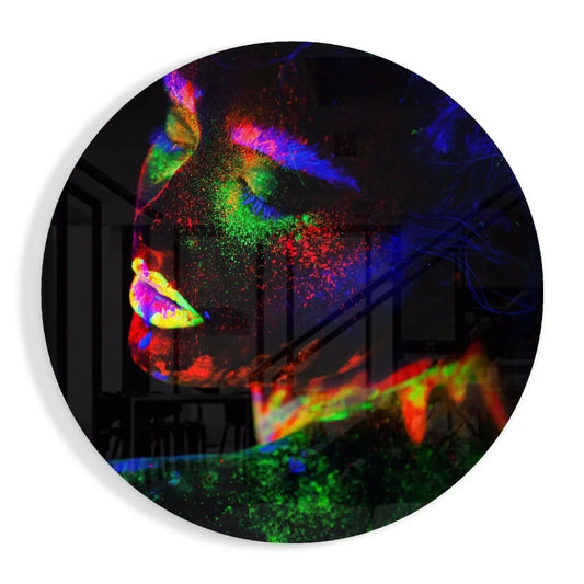 Neon glow portrait in vibrant neon colors on tempered glass art circle