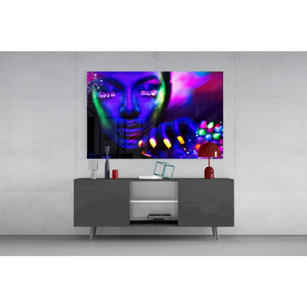 Vibrant neon UV glow portrait canvas wall art on gray console