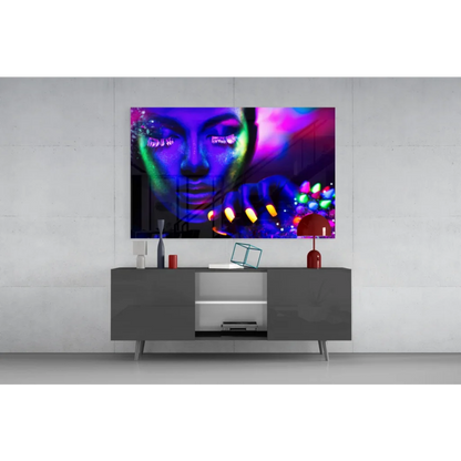 Vibrant neon UV glow portrait canvas wall art on gray console