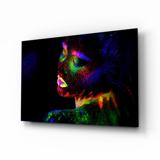 Vibrant neon glow portrait canvas wall art of woman’s face in electric rainbow hues