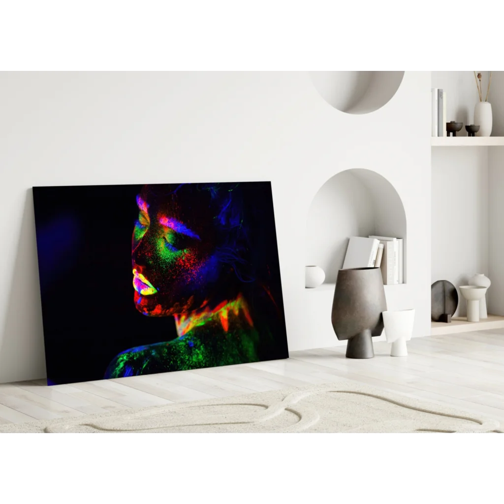 Vibrant neon glow face wall art canvas print in electric rainbow hues