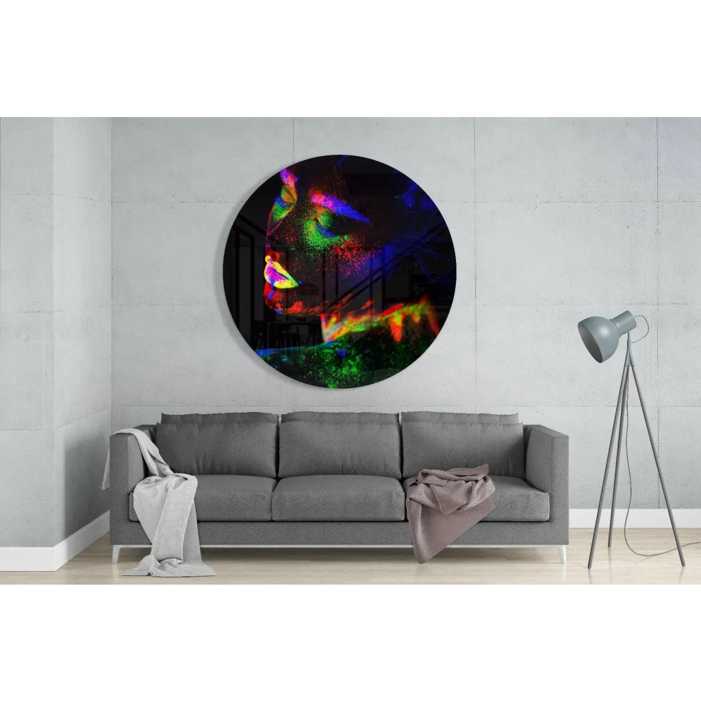 Vibrant neon glow portrait on tempered glass art circle