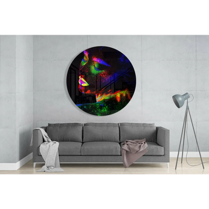 Vibrant neon glow portrait on tempered glass art circle