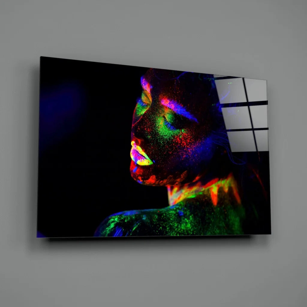 Vibrant neon glow portrait canvas wall art of womans electric rainbow face
