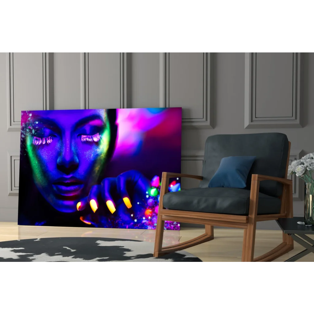 Vibrant neon UV glow portrait canvas wall art of woman with glowing purple, blue, green face paint and colorful nails