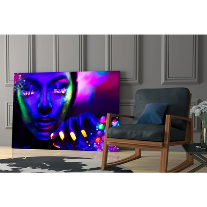 Vibrant neon UV glow portrait canvas wall art of woman with glowing purple, blue, green face paint and colorful nails