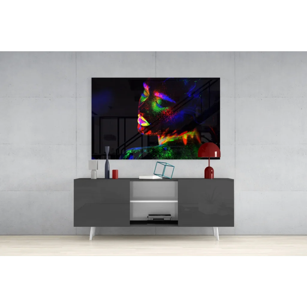 Vibrant neon glow portrait wall art with rainbow face on canvas