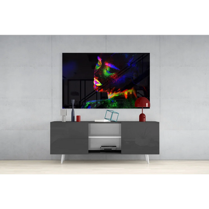 Vibrant neon glow portrait wall art with rainbow face on canvas